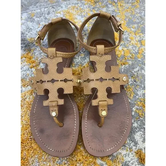 Tory Burch Women’s Sandals Ankle Strap Logo Brown 7.5M EUC Leather - Picture 6 of 9